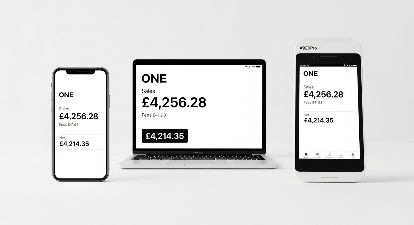 One Payments dashboard on phone, laptop and card terminal